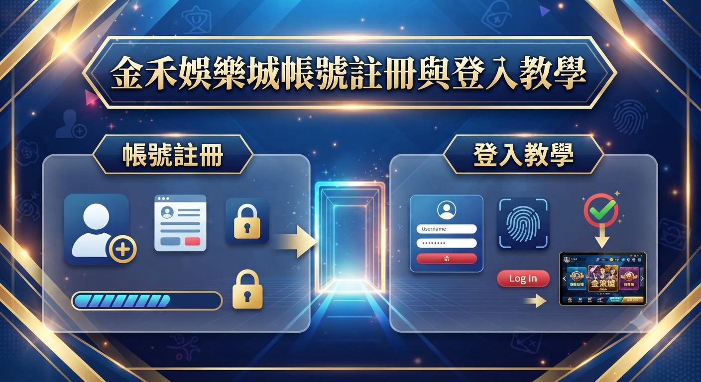 這是一張關於金禾娛樂城帳號註冊與登入教學的主題圖片。 畫面設計採用科技藍與金色框線風格，並包含相關的操作指引圖示。
