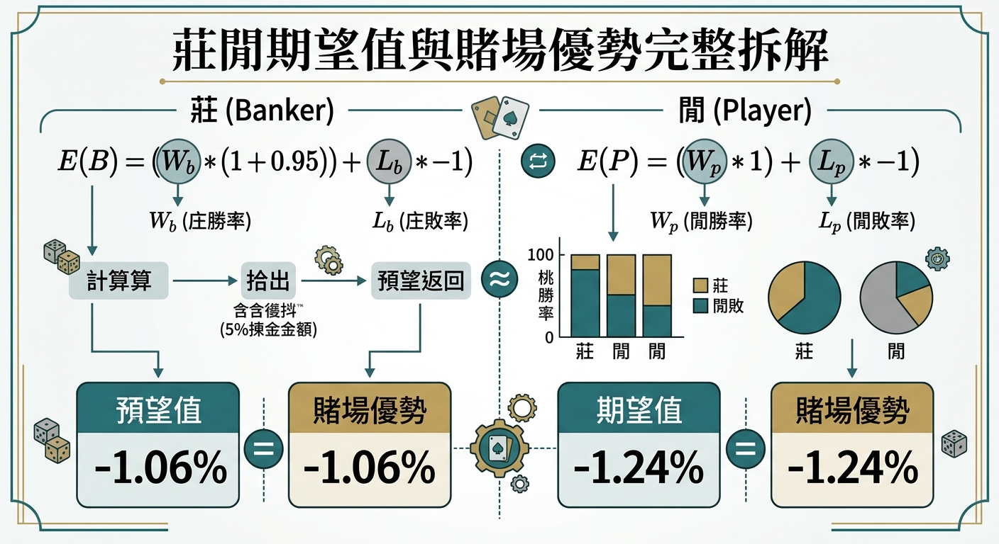 這張圖表詳細拆解了百家樂中「莊家」與「閒家」的期望值與賭場優勢計算公式。 透過數據與數學模型的對比，清晰展現出莊家扣除5%佣金後仍具備更低賭場優勢的分析。