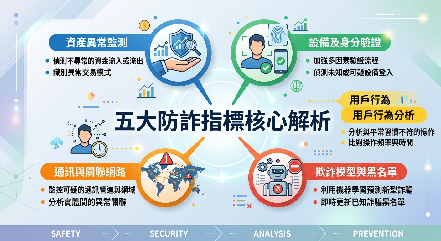 這張圖表以「五大防詐指標核心解析」為中央主題,採用藍綠色的科技感風格呈現。 畫面圍繞著資產監測、身份驗證、行為分析、網路關聯及欺詐模型五大核心,搭配簡潔圖示與說明文字。